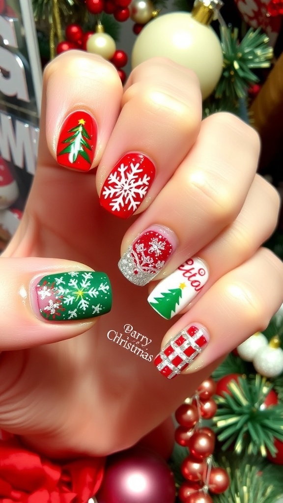 Festive Christmas Nail Art Ideas A close-up of Christmas-themed nail art with snowflakes, candy canes, and glitter on a festive background.